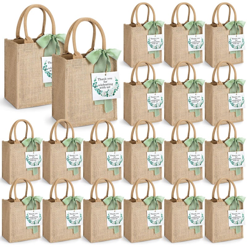 GliCraft 20 Pack Burlap Tote Bags with Handles Reusable Jute Gift Bags Thank You Gift Tags Chiffon Silk Ribbons for Wedding Invitations Parties and Baby Showers BridesmaidSage Green